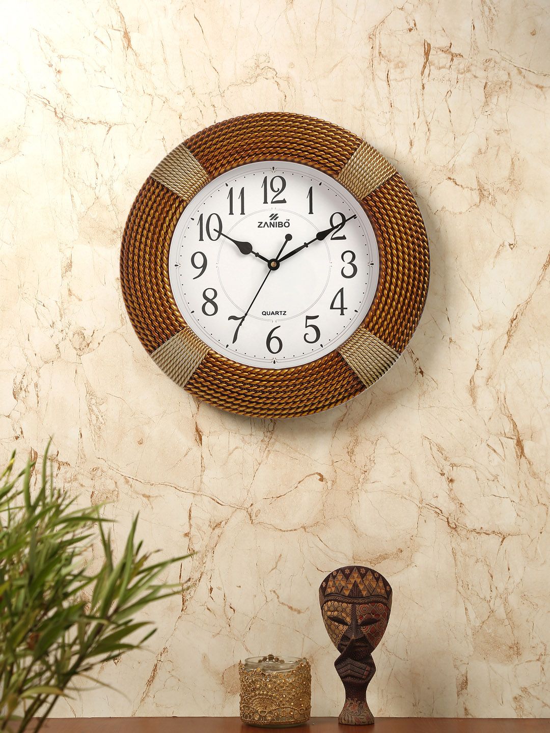 ZANIBO White & Tan Brown Round Solid Analogue Wall Clock Price in India