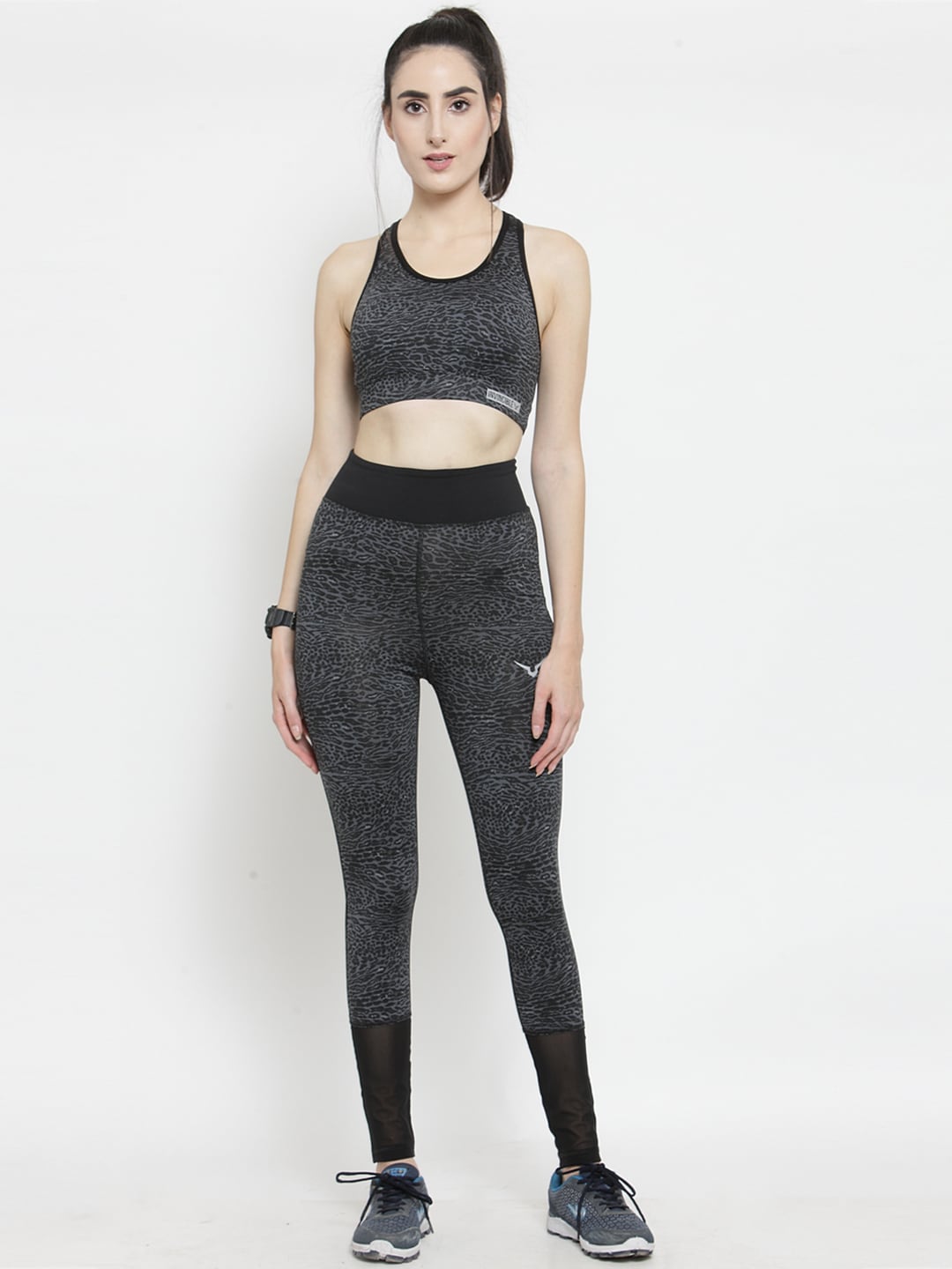 Invincible Women Grey & Black Leopard Print Gym Workout Co-Ordinates Price in India