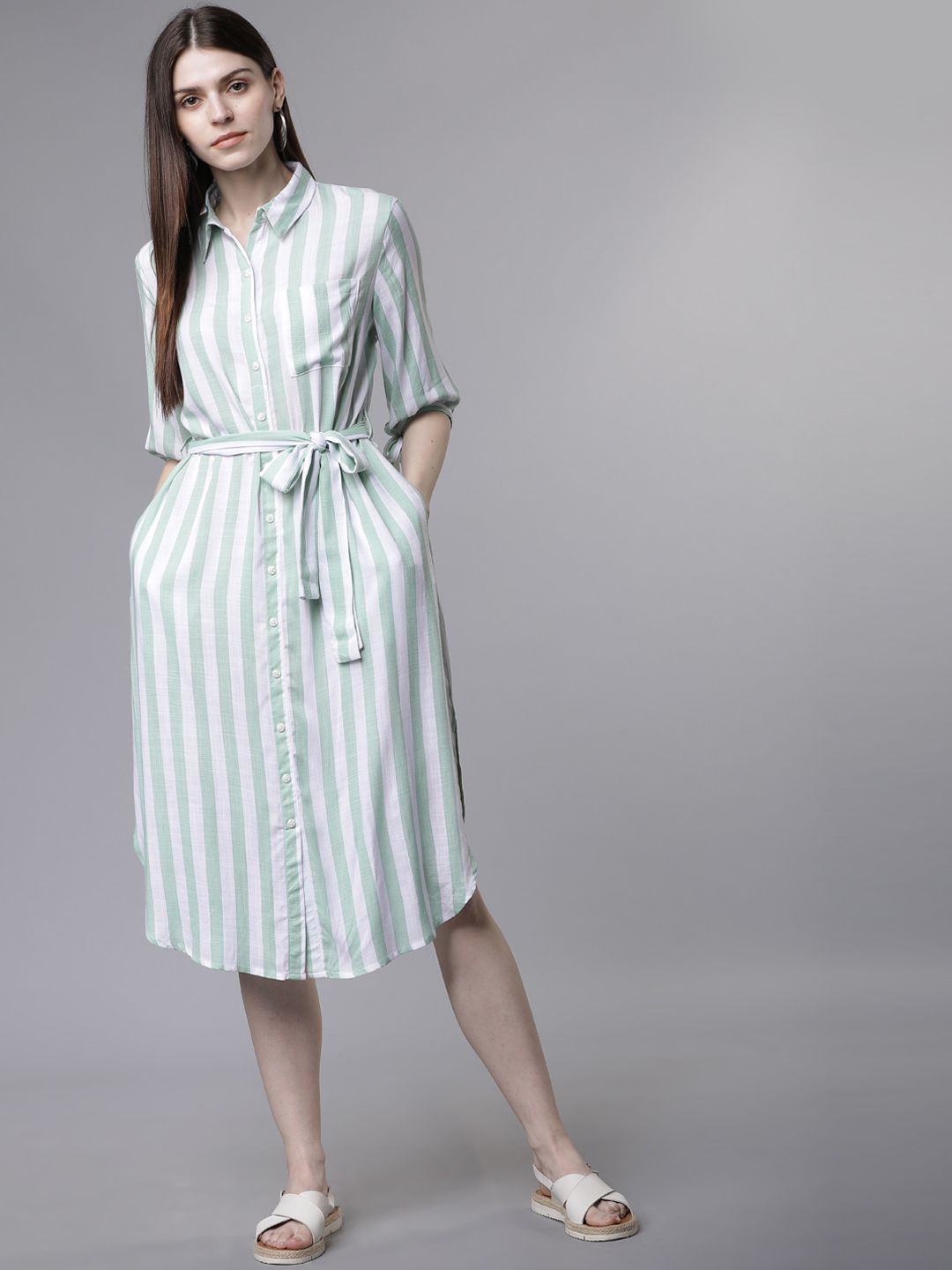 green and white striped shirt dress