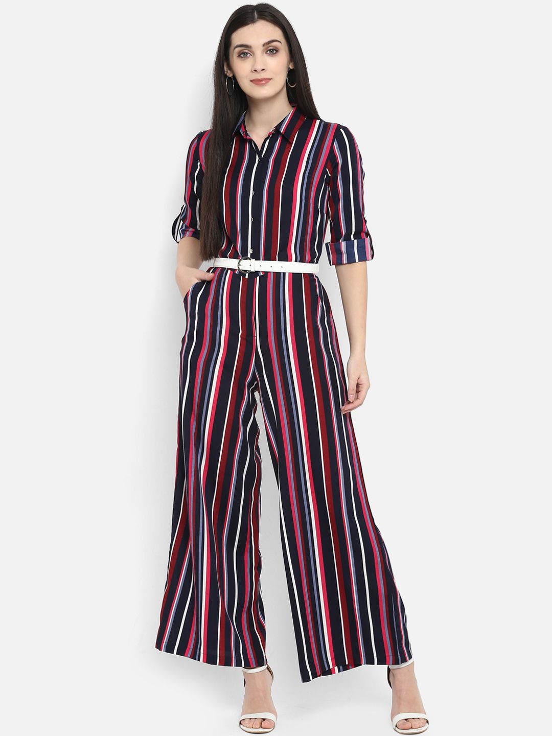 PURYS Navy Blue & Red Striped Basic Jumpsuit Price in India