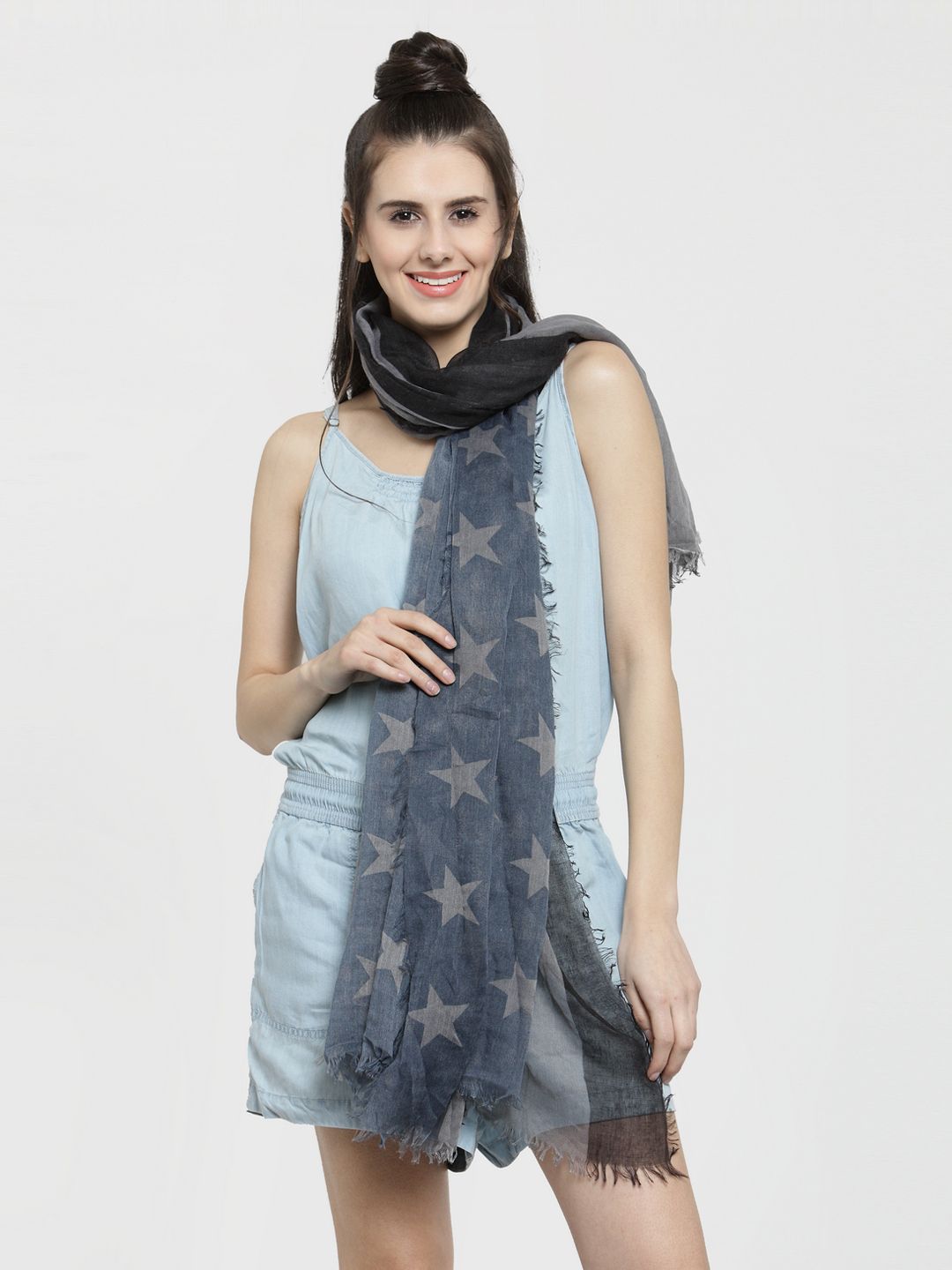 J Style Women Navy Blue & Grey Printed Stole Price in India