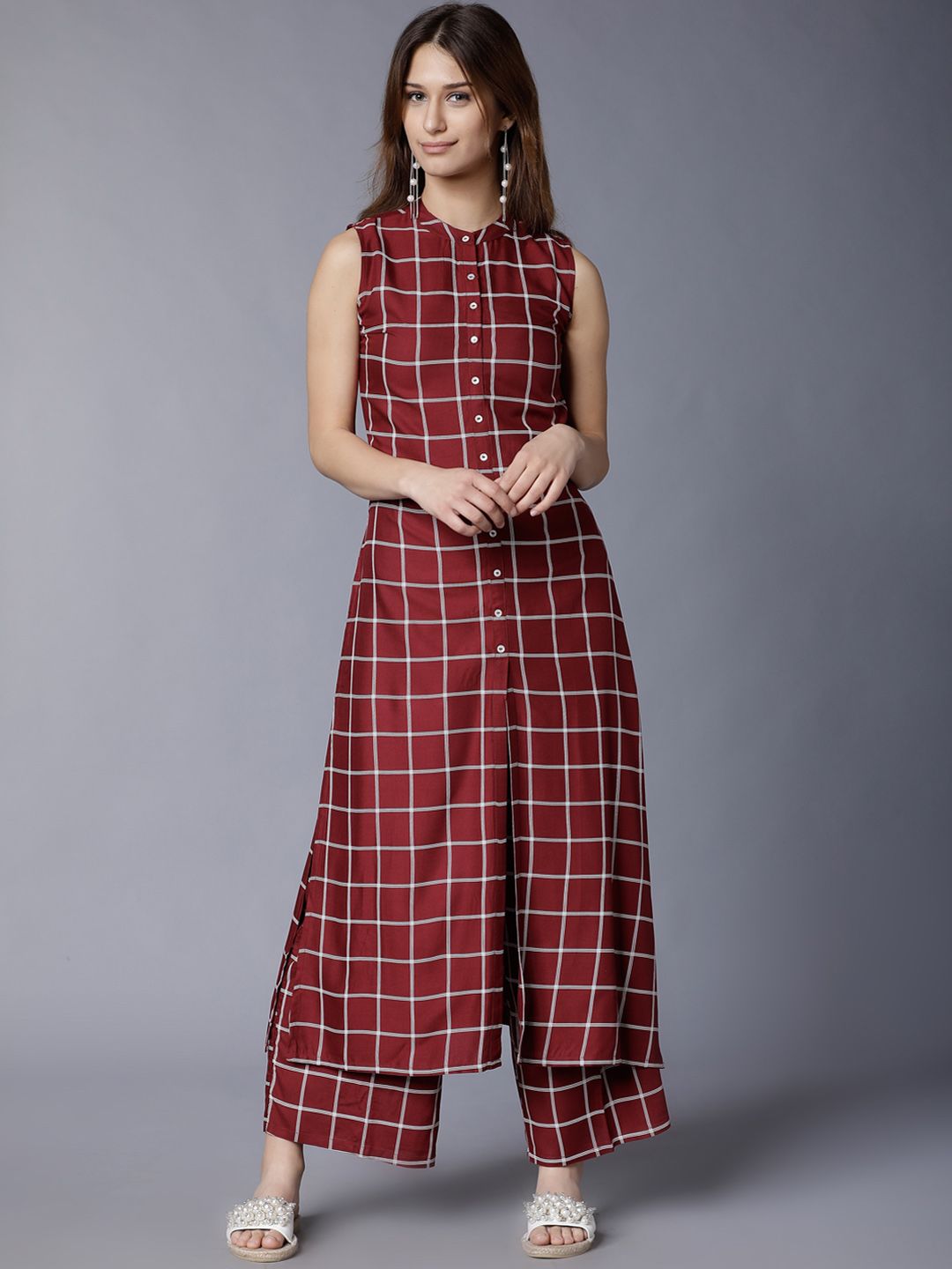 Vishudh Women Maroon Checked Kurta with Palazzos Price in India