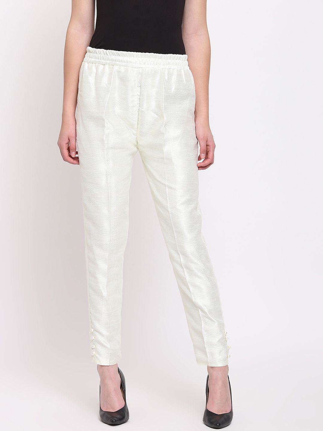 RIVI Women Off-White Regular Fit Solid Cigarette Trousers Price in India