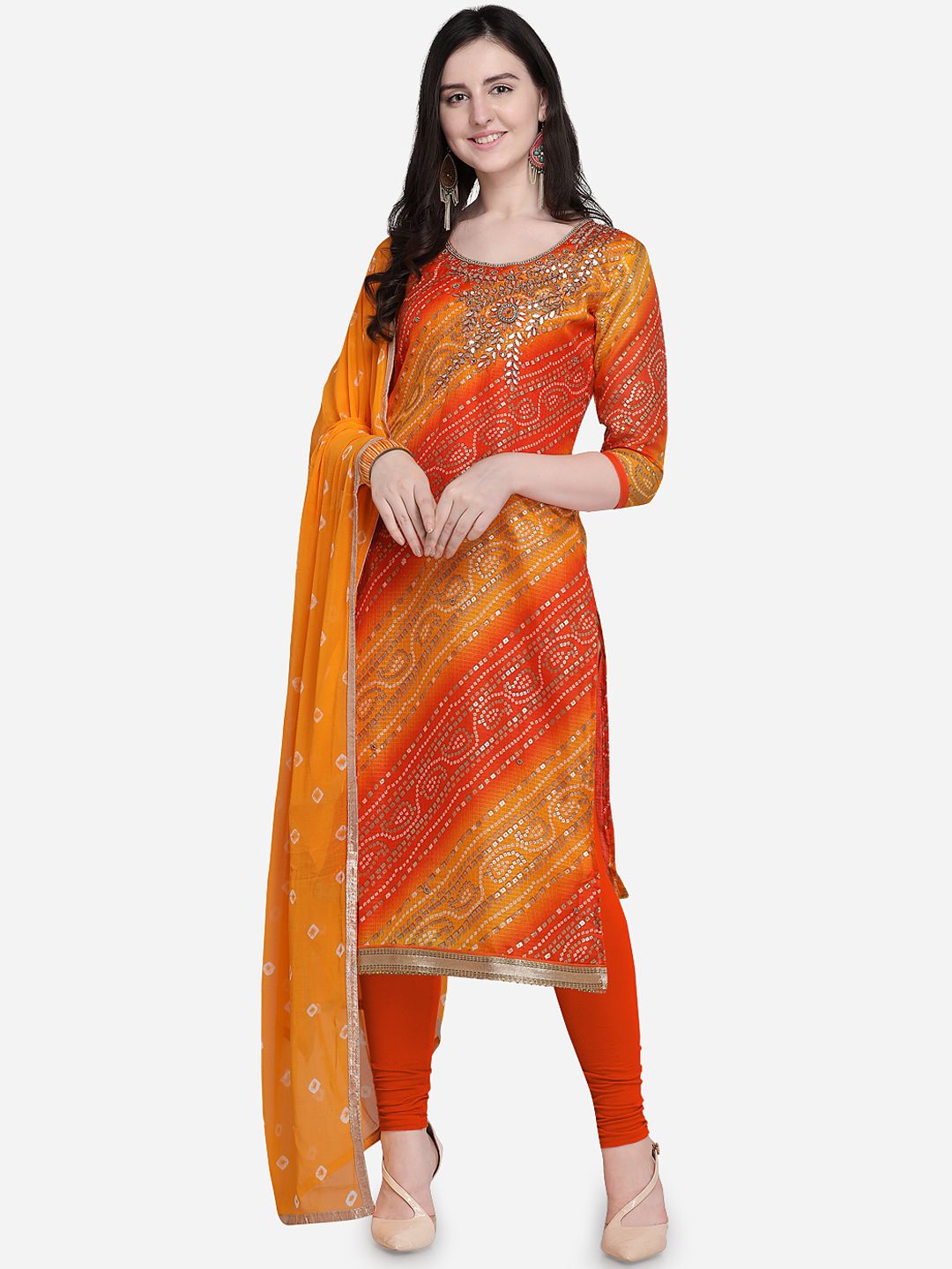 Rajnandini Women Orange Unstitched Dress Material Price in India