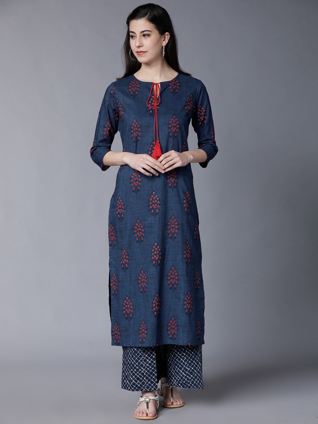 Vishudh Women Navy Blue Printed Kurta with Palazzos Price in India