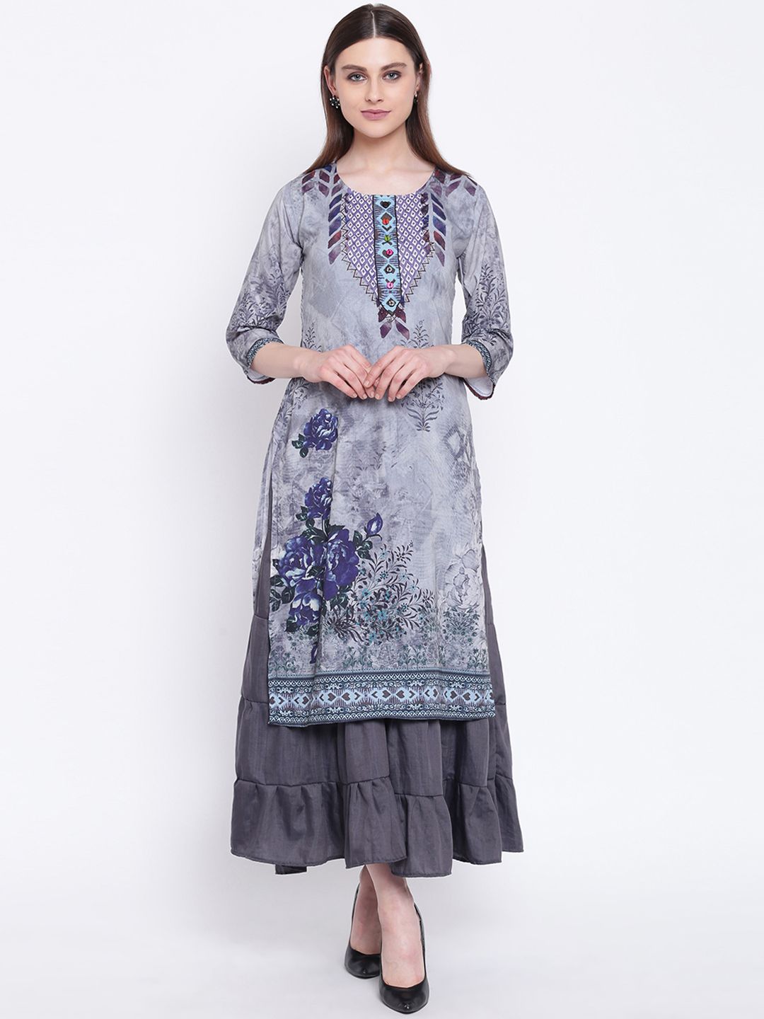 Kvsfab Women Grey Printed Ethnic Maxi Dress Price in India