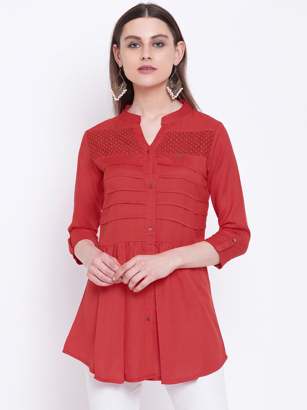 Kvsfab Women Red Solid A-Line Kurti Price in India