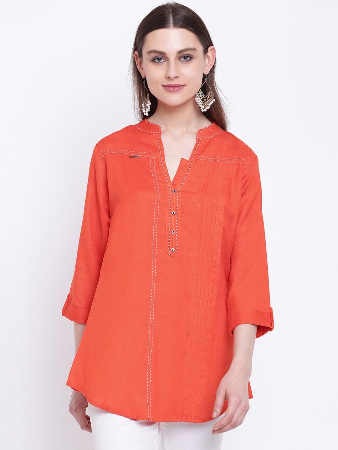 Kvsfab Women Orange Solid A-Line Kurti Price in India
