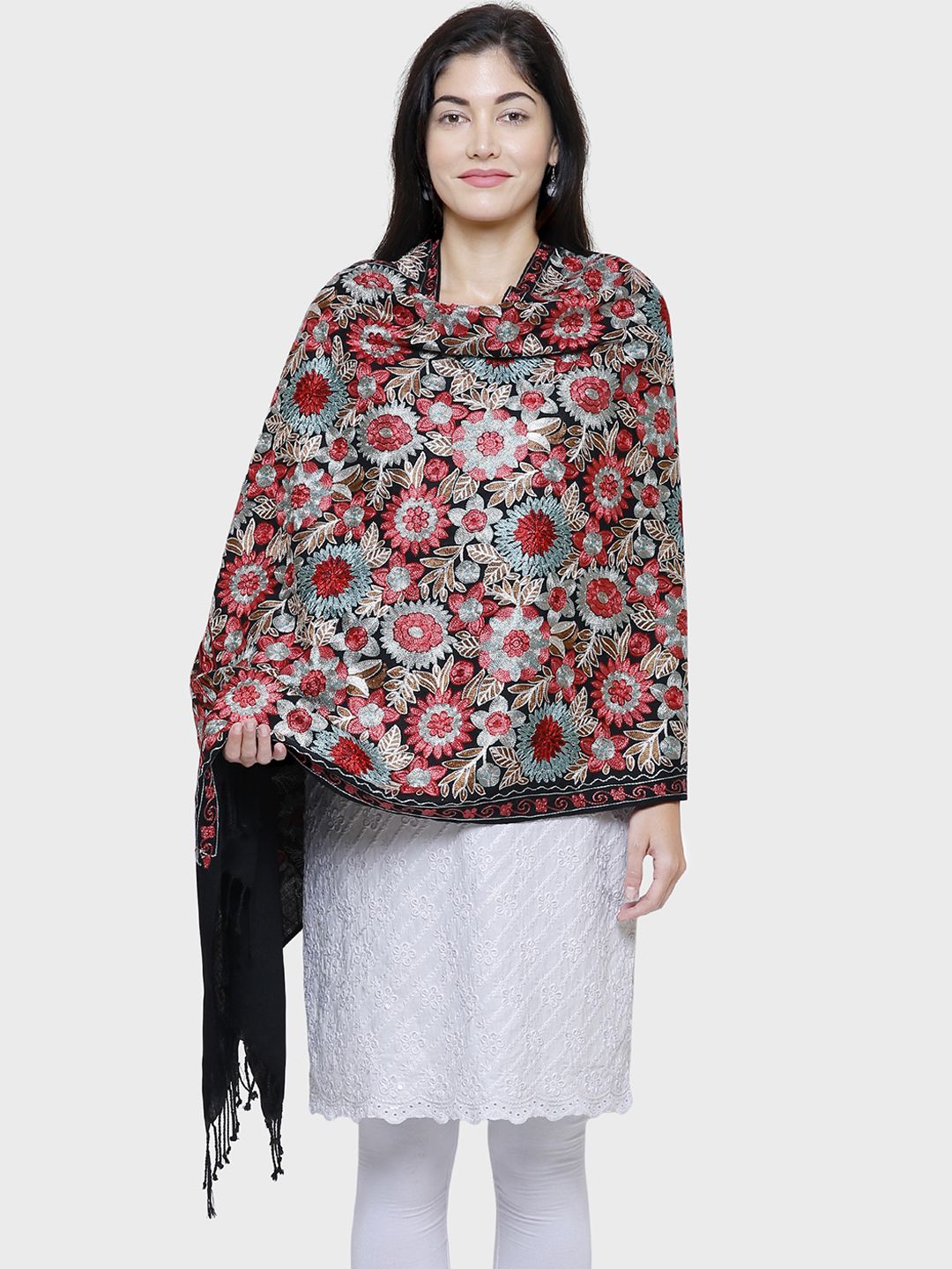 Anekaant Women Multicoloured Floral Embroidered Woolen Shawl Price in India