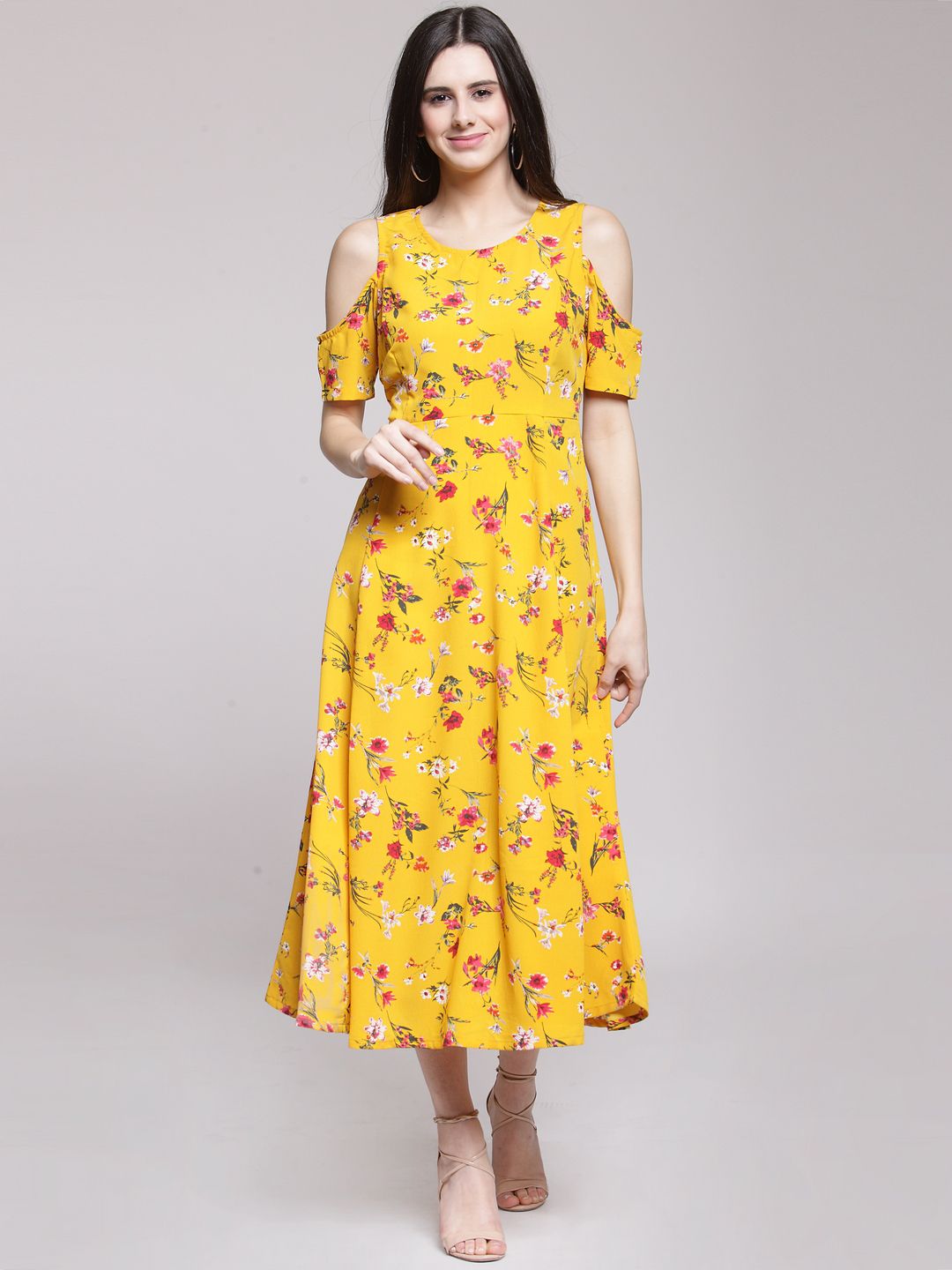 plusS Yellow Floral Printed Fit and Flare Dress Price in India