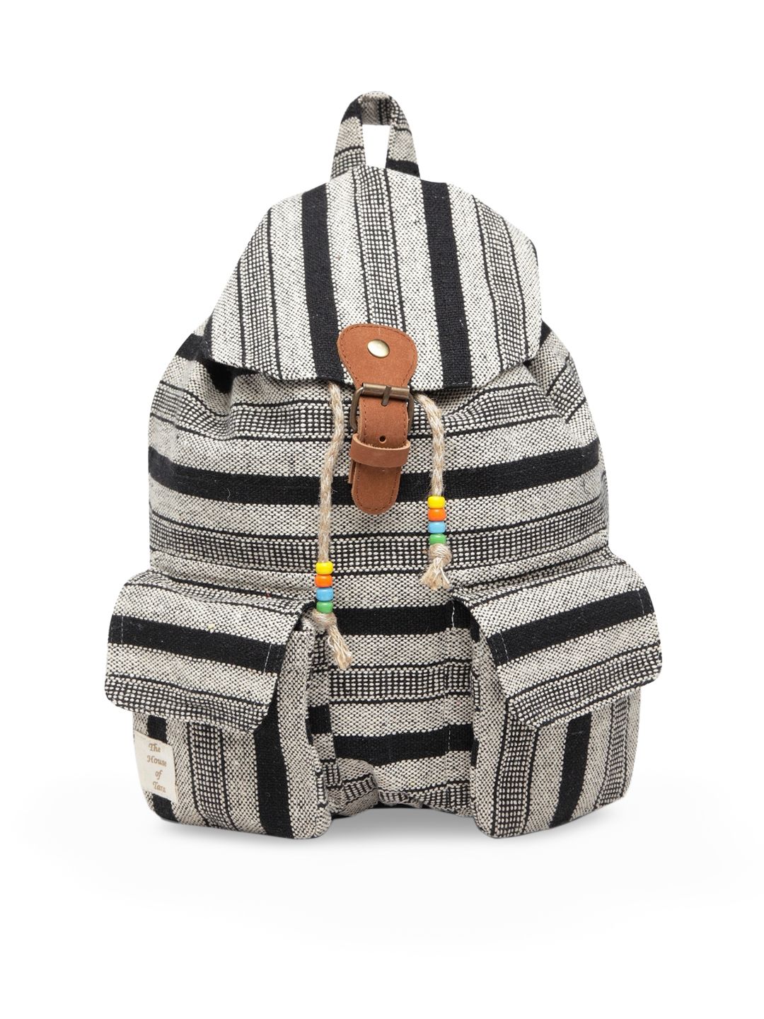 The House of Tara Women Grey & Black Stripped Backpack Price in India