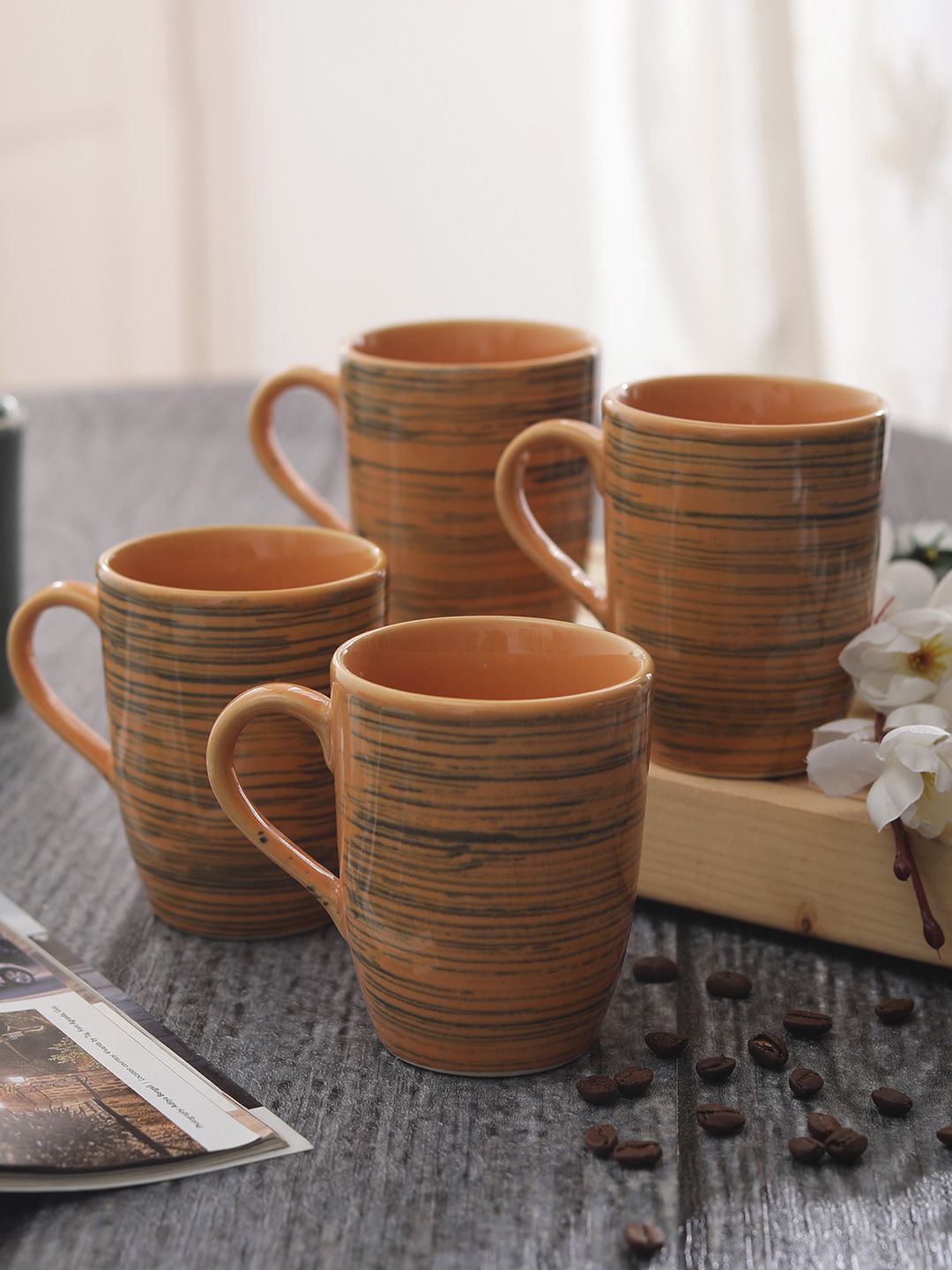 MIAH Decor Brown Printed Set Of 4 Ceramic Cups Price in India