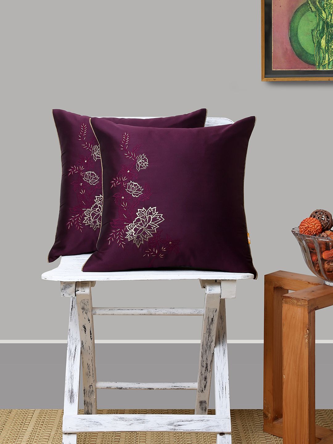 ANS Purple Set of 2 Floral Square Cushion Covers Price in India