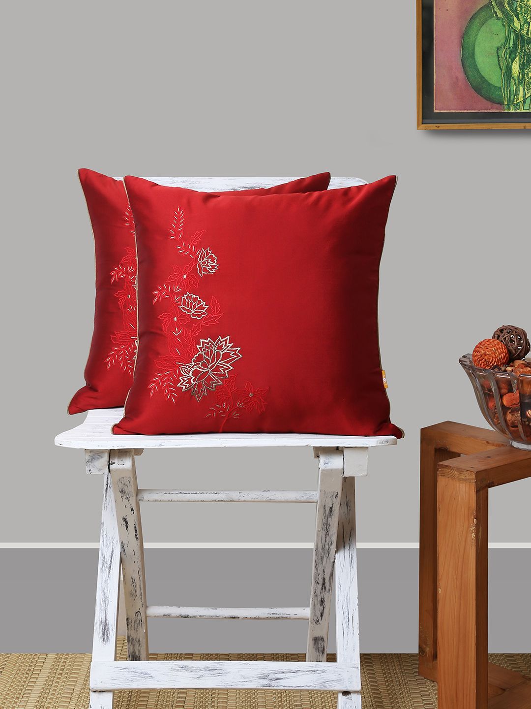 ANS Red Set of 2 Floral Square Cushion Covers Price in India