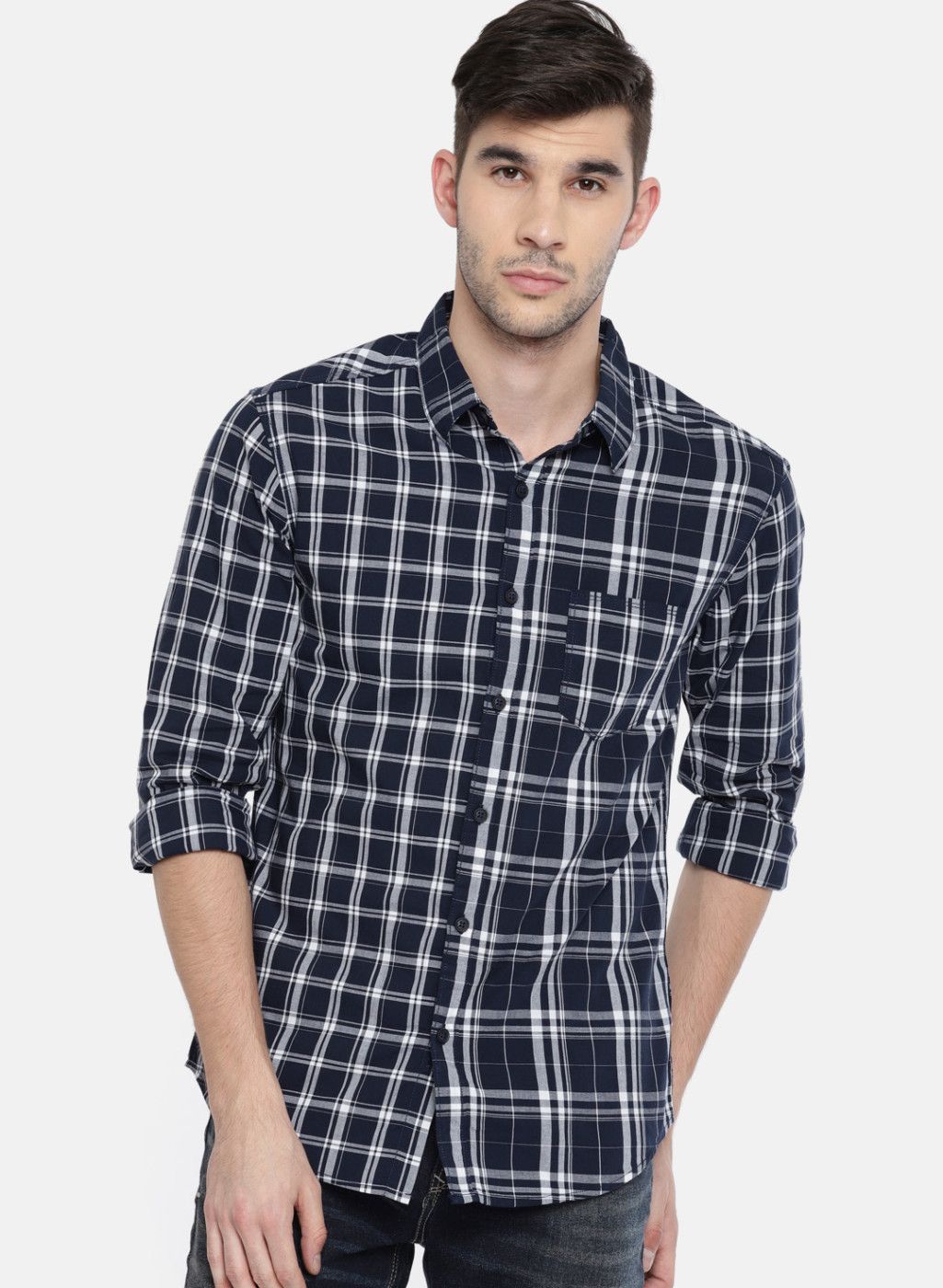 SPYKAR SPYKAR Men Navy Blue & White Slim Fit Checked Casual Shirt