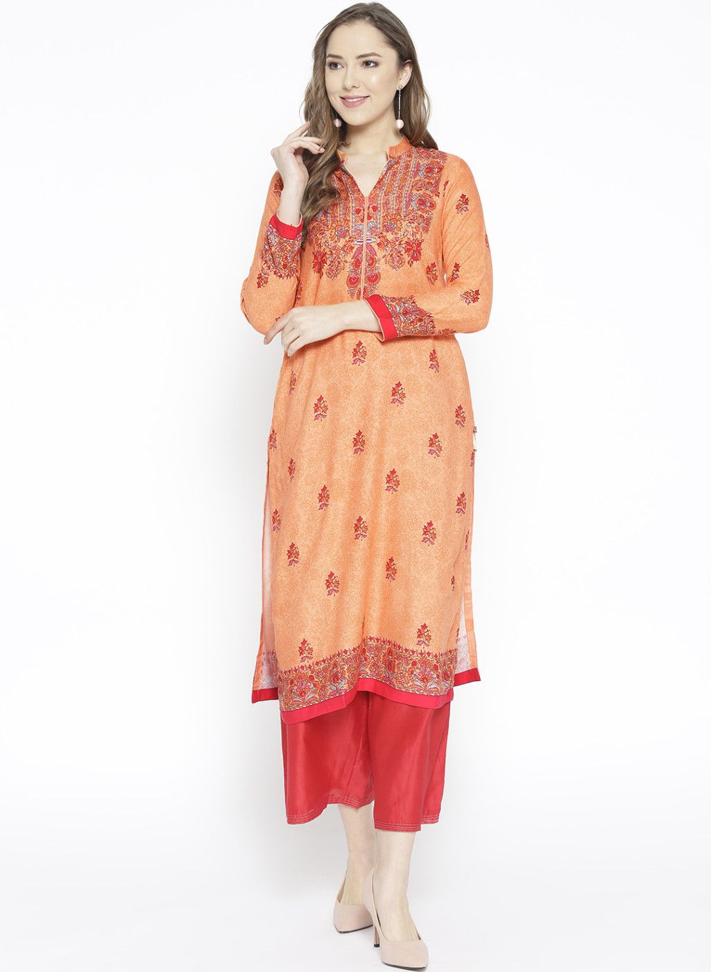 Biba Biba Women Orange Woven Design Straight Kurta