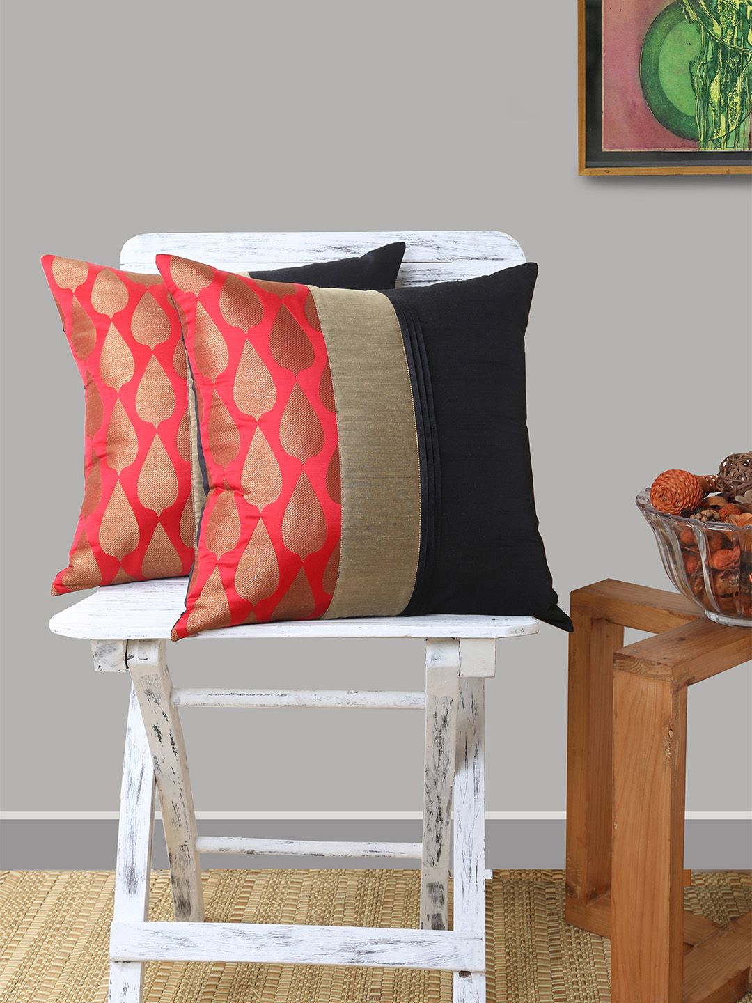 ANS Red Set of 2 Ethnic Motifs Square Cushion Covers Price in India