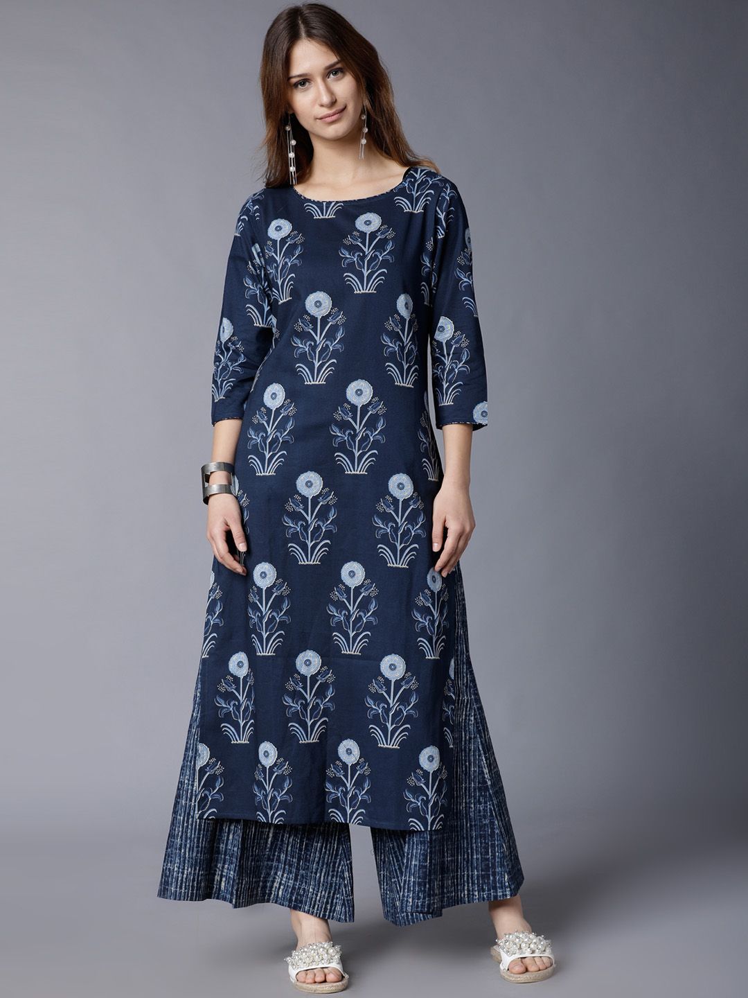 Vishudh Women Navy Blue Printed Kurta with Palazzos Price in India