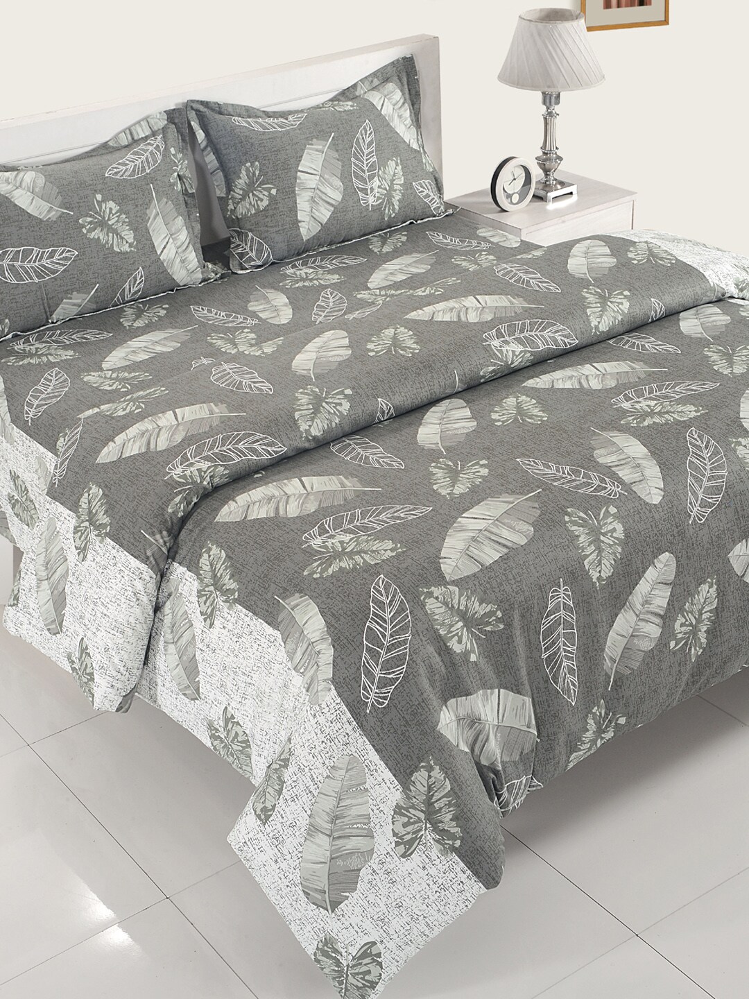 SWAYAM Swayam Grey Cotton 200 TC Printed Bedding Set Price in India
