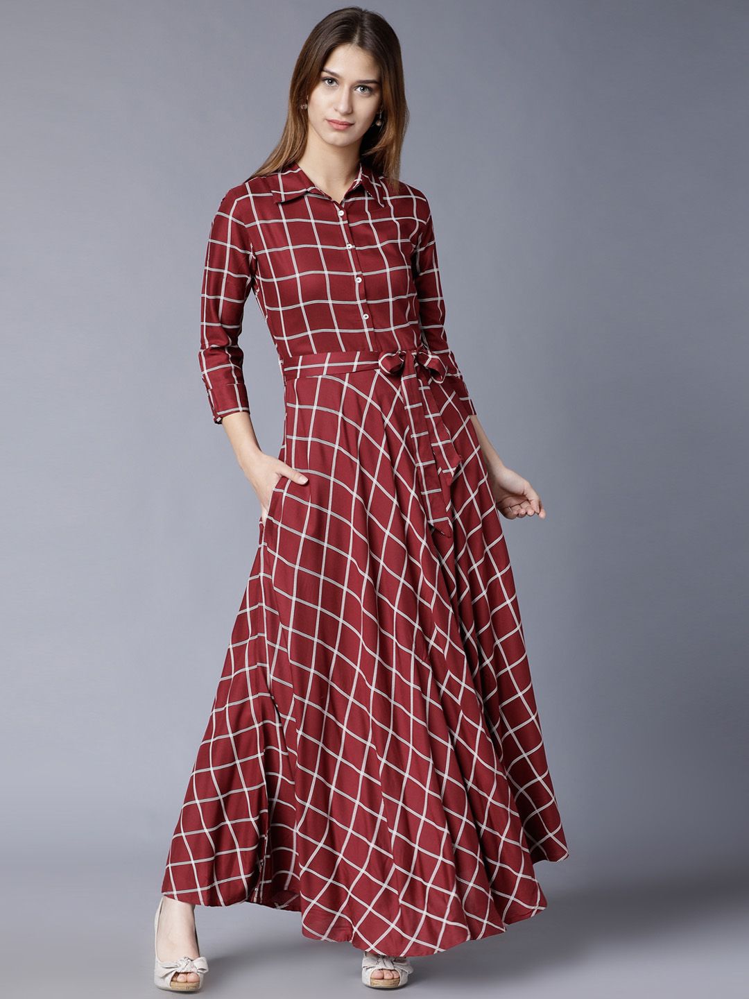 Vishudh Burgundy Checked Flared Belted Shirt Maxi Dress Price in India