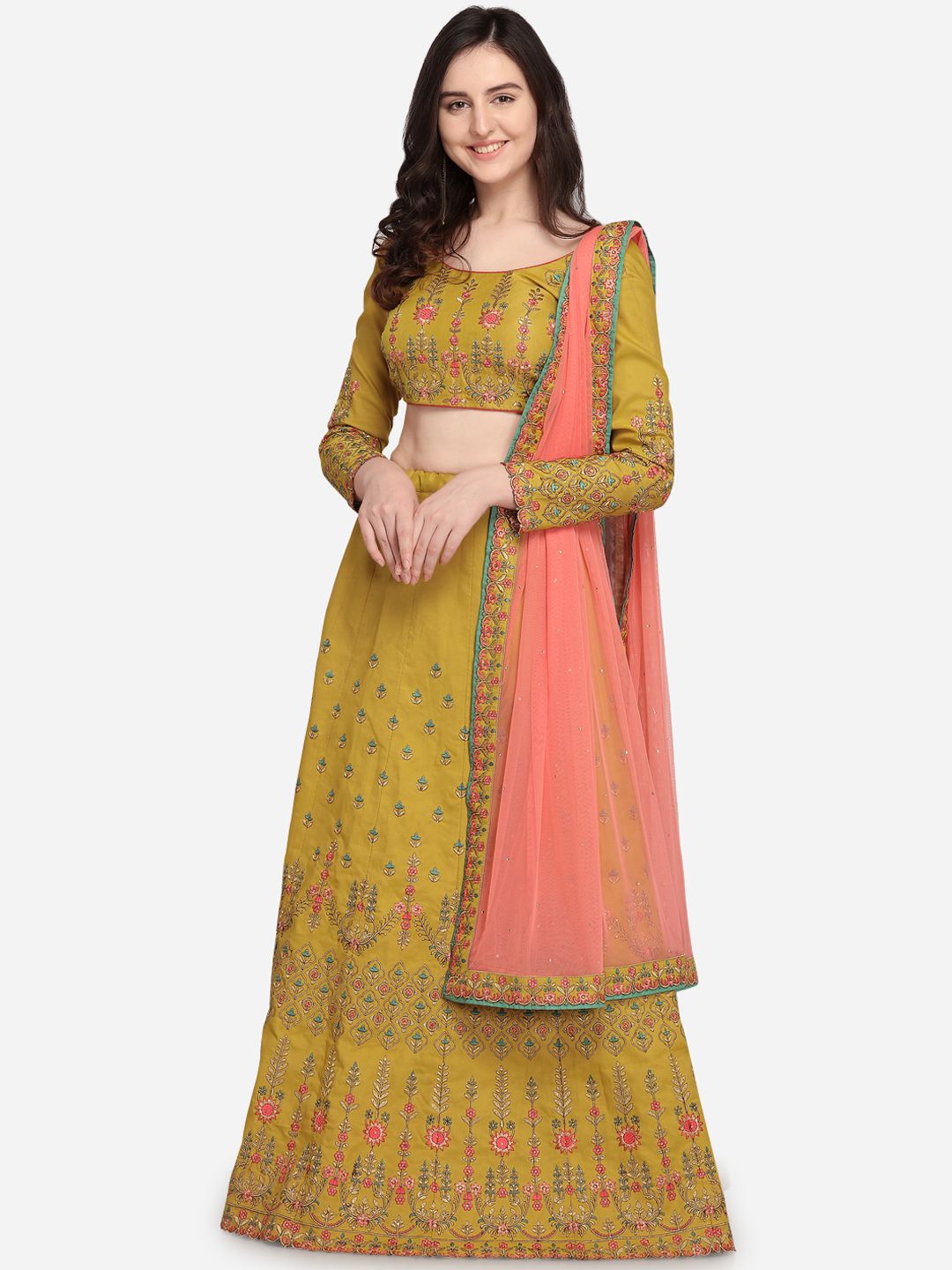 RIYA Mustard Yellow & Peach-Coloured Embroidered Unstitched Lehenga & Blouse with Dupatta