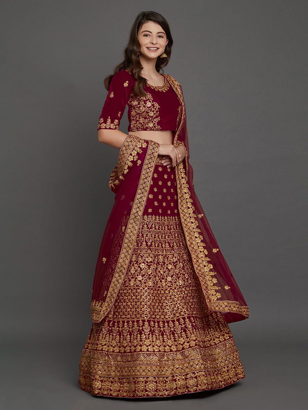 Mitera Maroon Semi-Stitched Lehenga & Blouse with Dupatta