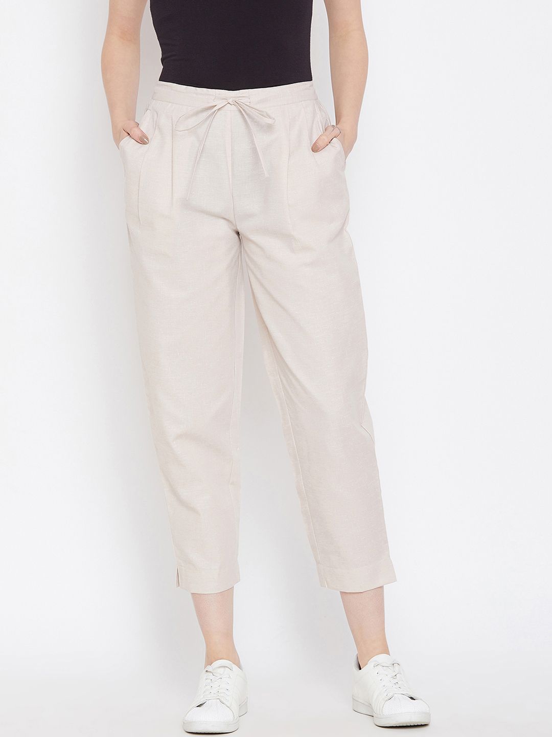 Bitterlime Women Beige Relaxed Regular Fit Self Design Cropped Peg Trousers Price in India