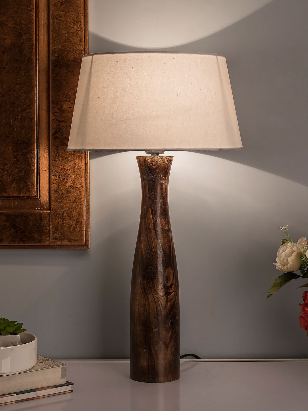 Homesake Brown & White Solid Bedside Standard Table Lamp with Shade Price in India