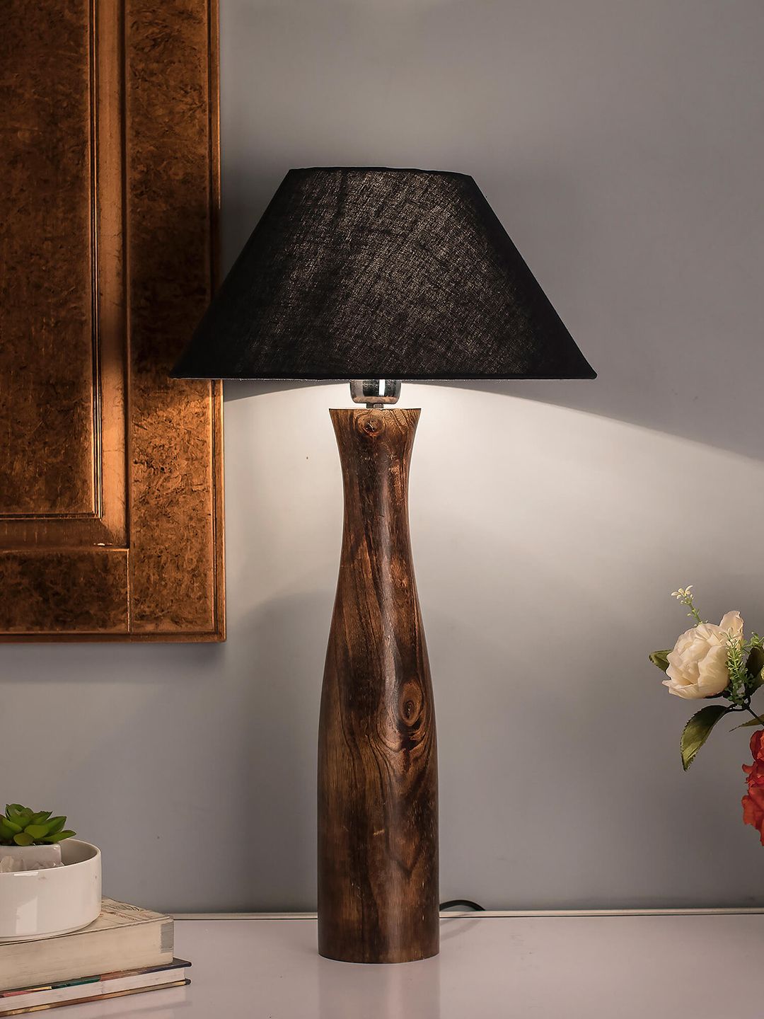 Homesake Navy Blue & Brown Solid Bedside Standard Table Lamp with Shade Price in India