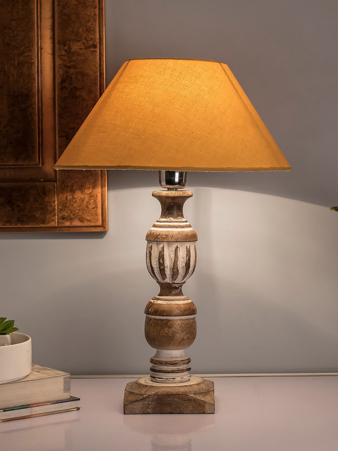 Homesake Brown & Beige Solid Handcrafted Bedside Standard Table Lamp with Shade Price in India
