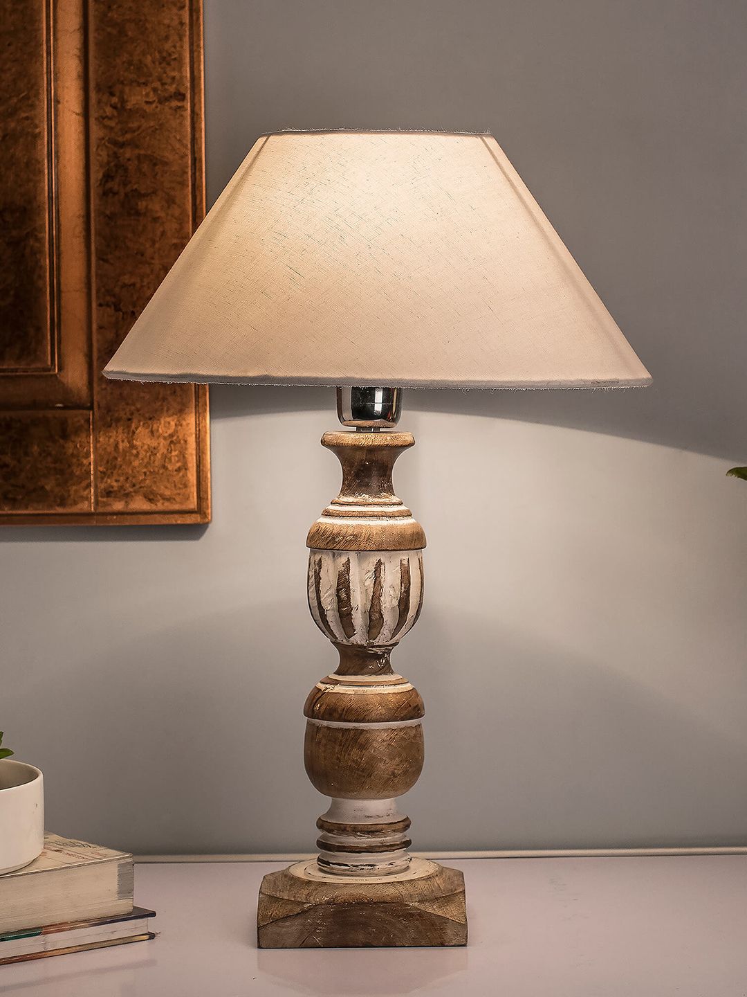 Homesake Brown & White Solid Antique French Trophy Handcrafted Table Lamp with Shade Price in India
