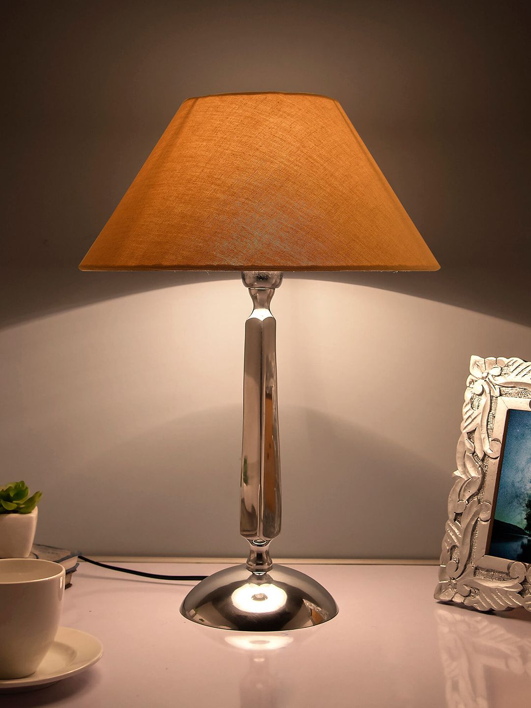 Homesake Silver-Toned & Beige Solid Bedside Standard Table Lamp with Shade Price in India