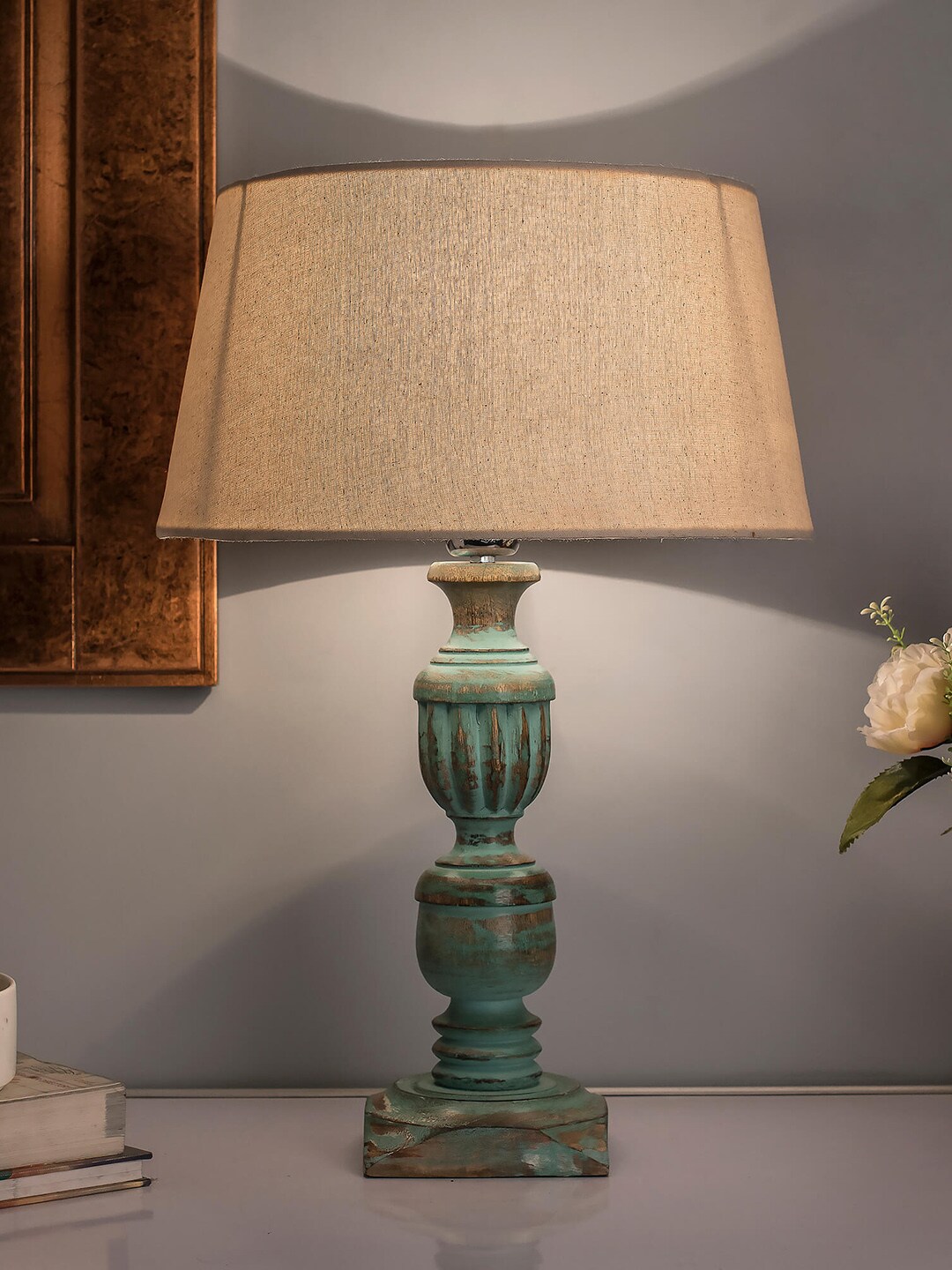 Homesake Blue Solid Algae French Trophy Carved Handcrafted Table Lamp with Shade Price in India