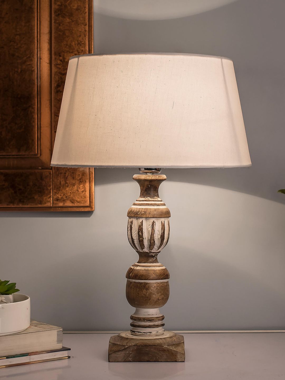 Homesake Brown & White Solid Handcrafted Bedside Standard Table Lamp with Shade Price in India