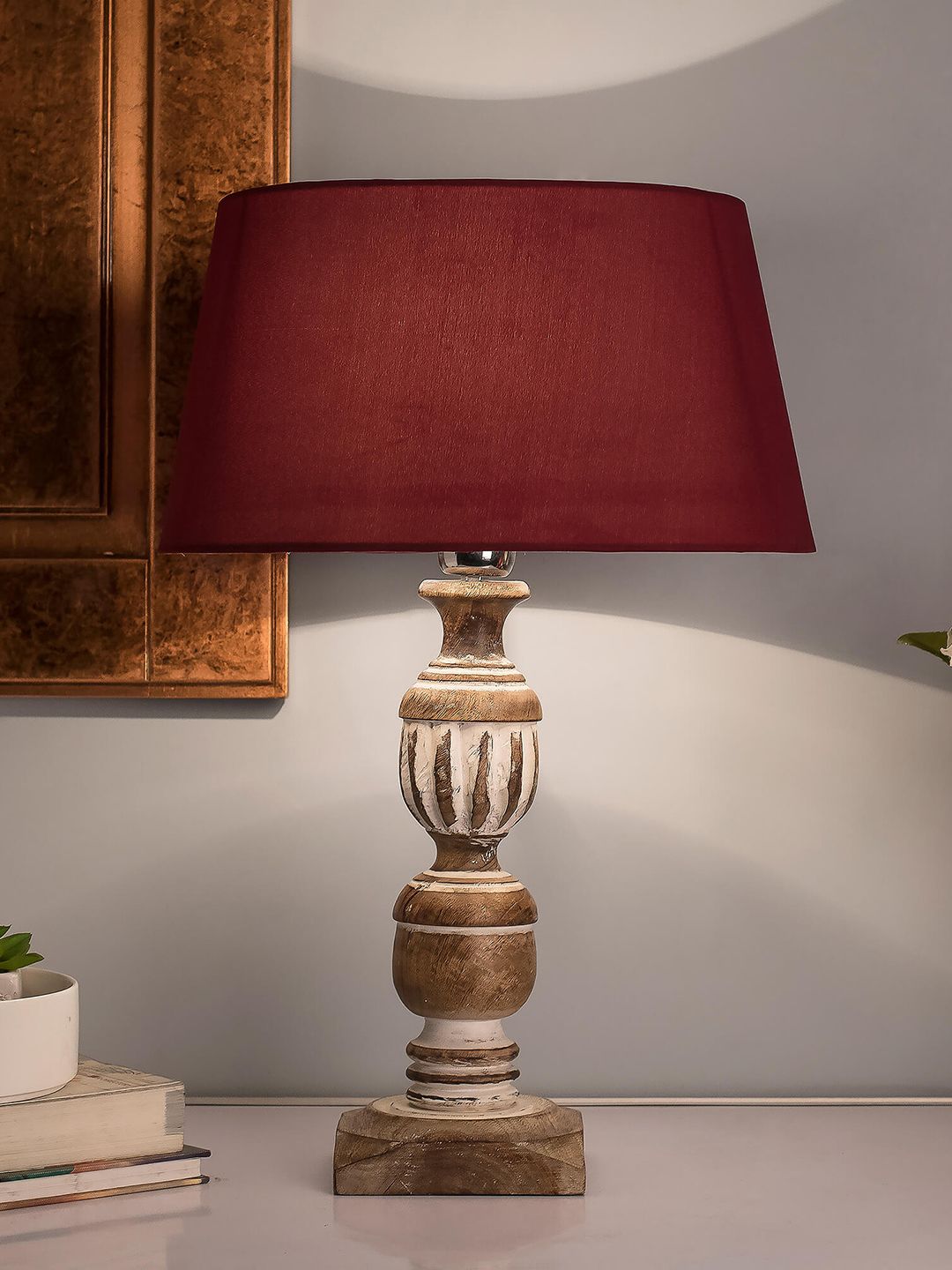 Homesake Brown & Red Solid Antique French Trophy Handcrafted Table Lamp with Shade Price in India