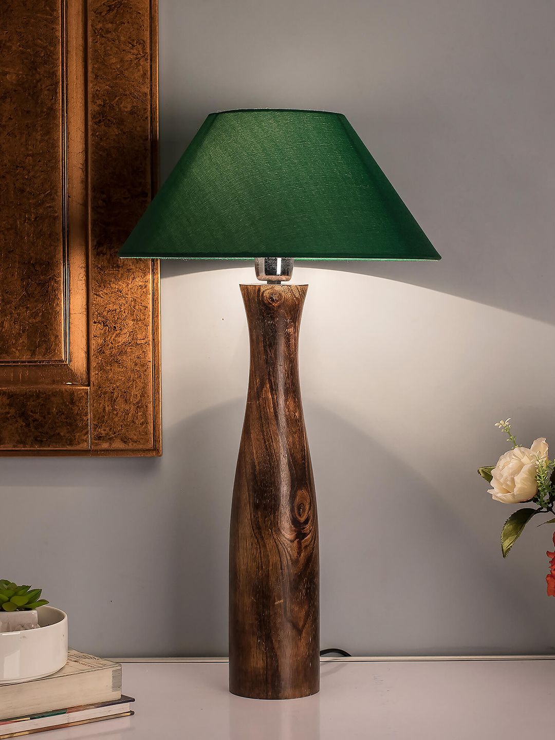 Homesake Brown & Green Solid Antique Timber Handcrafted Table Lamp with Shade Price in India