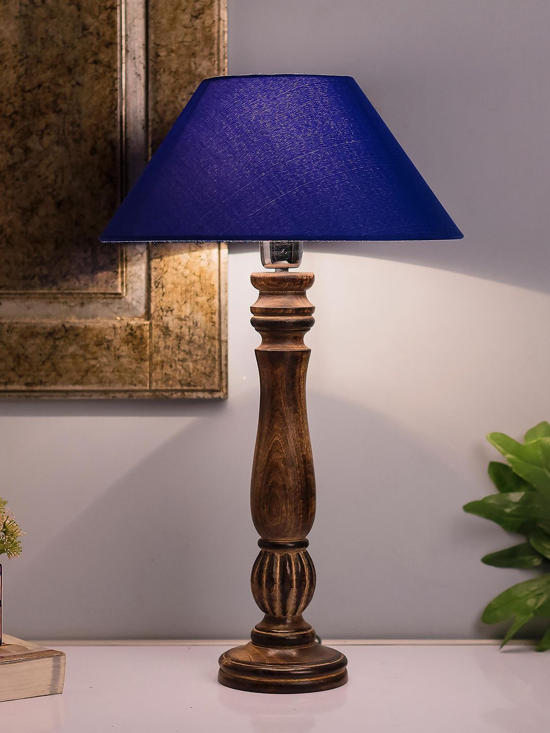 Homesake Brown & Blue Solid Classic Victorian Handcrafted Table Lamp with Shade Price in India