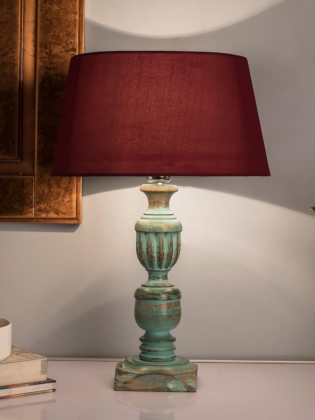 Homesake Blue & Red Solid French Trophy Handcrafted Table Lamp with Shade Price in India