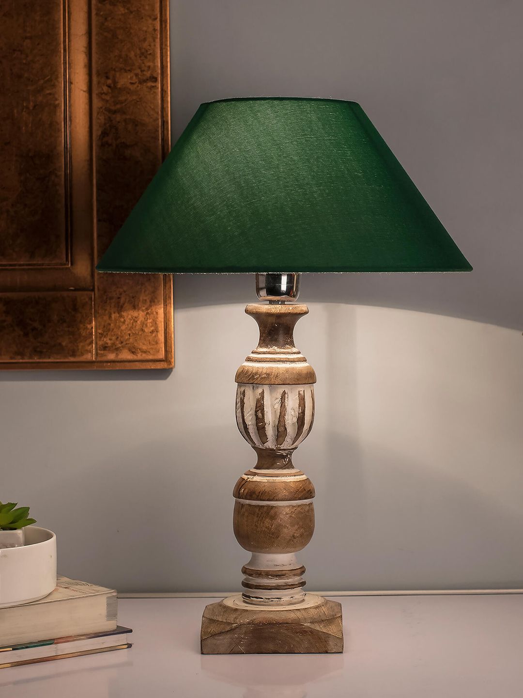 Homesake Brown & Green Solid Antique French Trophy Handcrafted Table Lamp with Shade Price in India