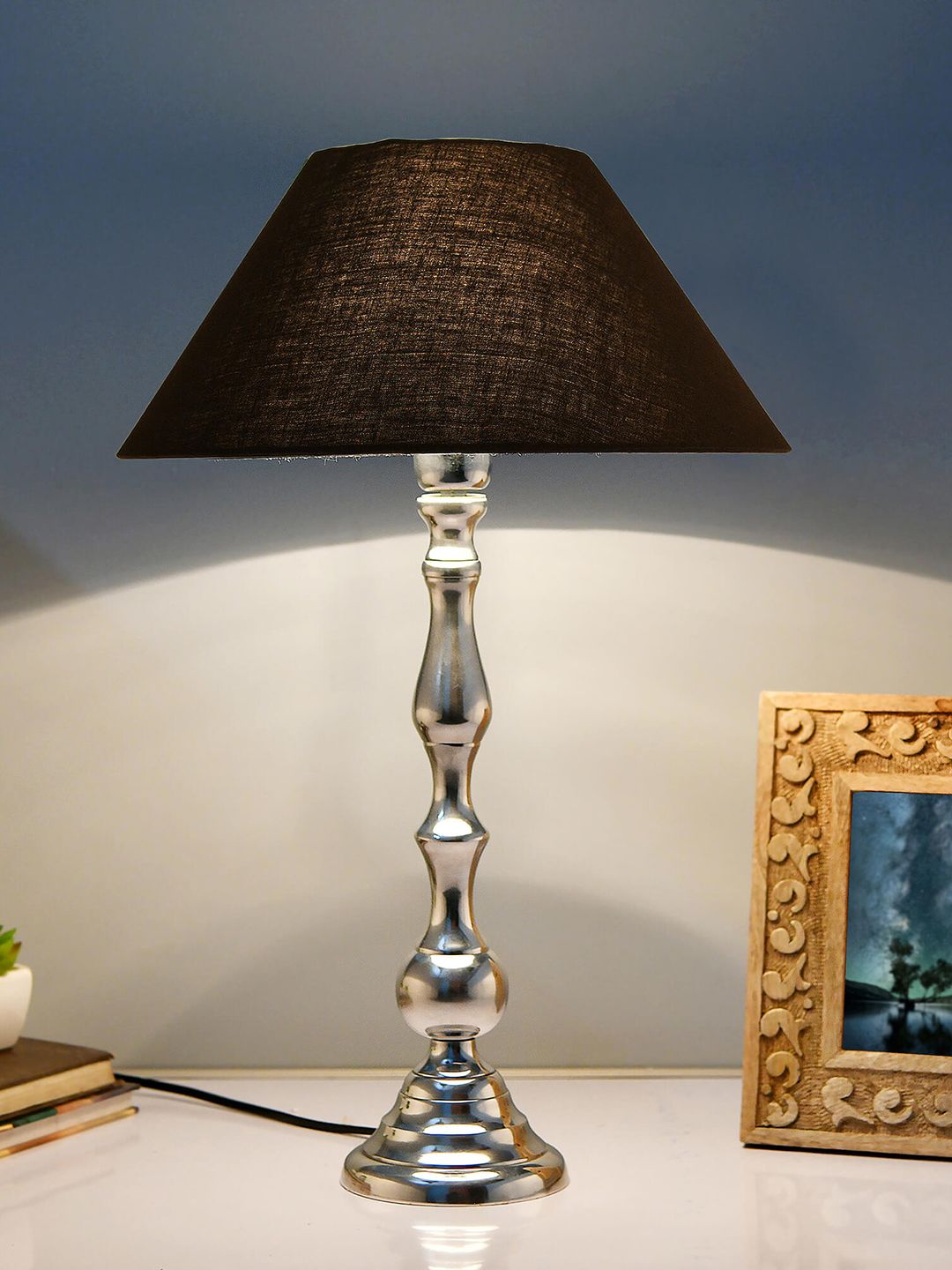 Homesake Silver-Toned & Navy Blue Solid Teardrop Chrome Handcrafted Table Lamp with Shade Price in India
