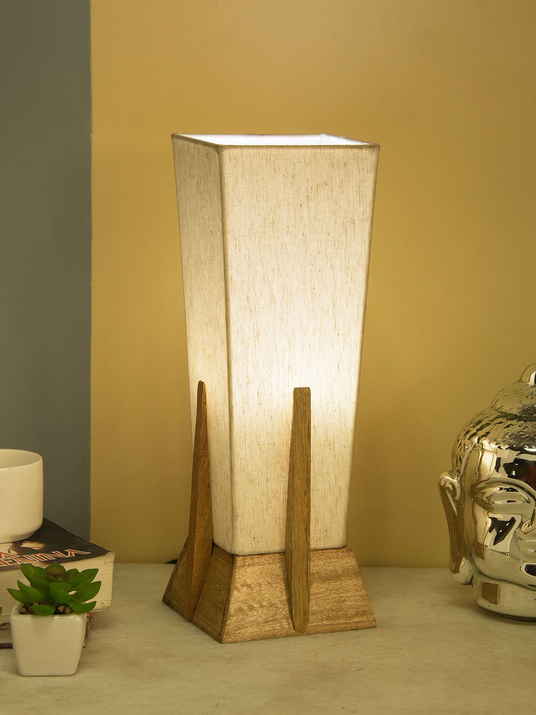 Homesake Beige & Brown Solid Handcrafted Column Table Lamp with Shade Price in India
