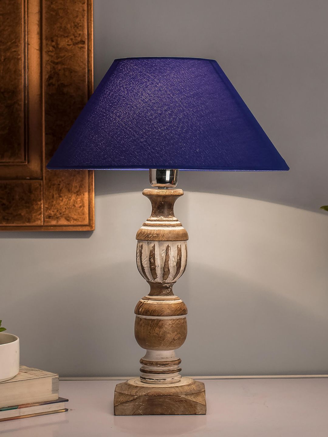 Homesake Brown & Blue Solid French Trophy Handcrafted Table Lamp with Shade Price in India