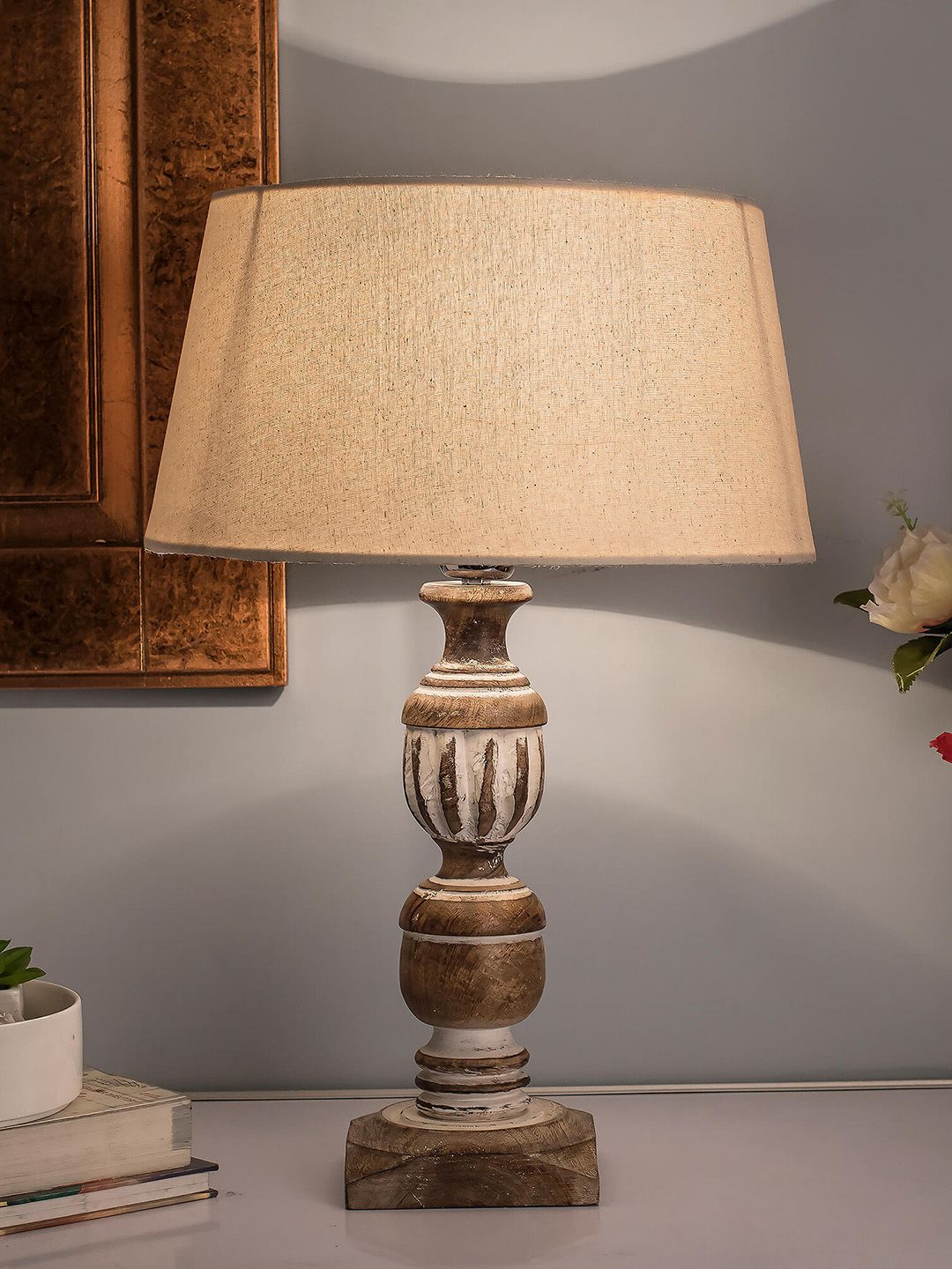 Homesake Brown & White Solid French Trophy Handcrafted Table Lamp with Shade Price in India