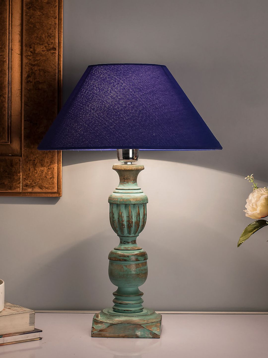 Homesake Blue & Navy Blue Solid Bedside Standard Table Lamp with Shade Price in India