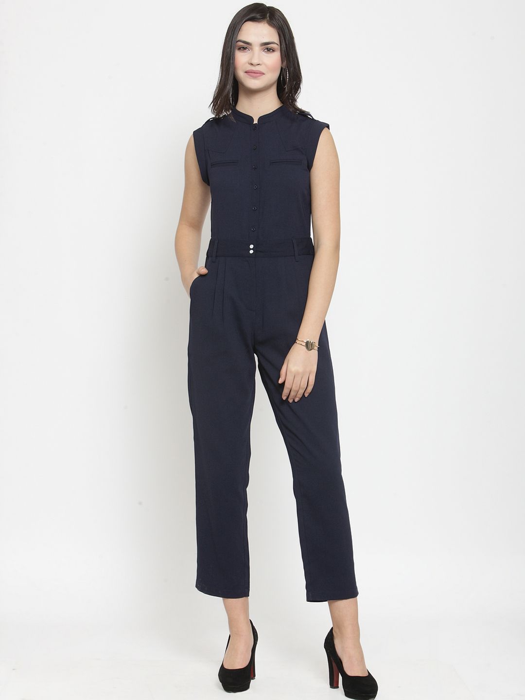 Latin Quarters Navy Blue Solid Basic Jumpsuit Price in India