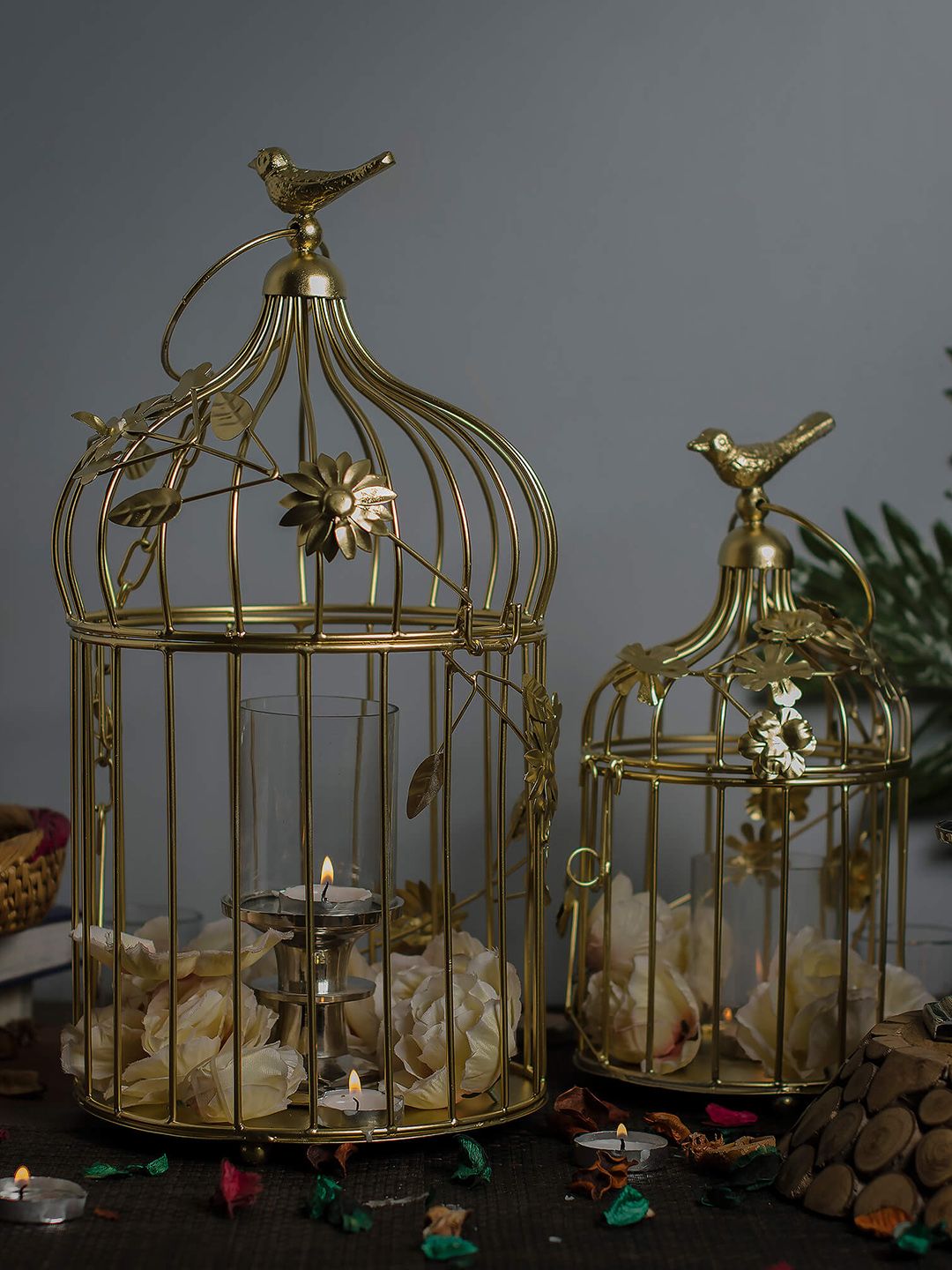 Homesake Gold-Toned Set of 2 Hand-Crafted Bird Cages with Hanging Chain Price in India
