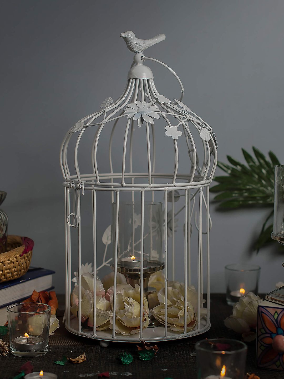 Homesake White Bird Cage with Floral Vine with hanging chain Price in India