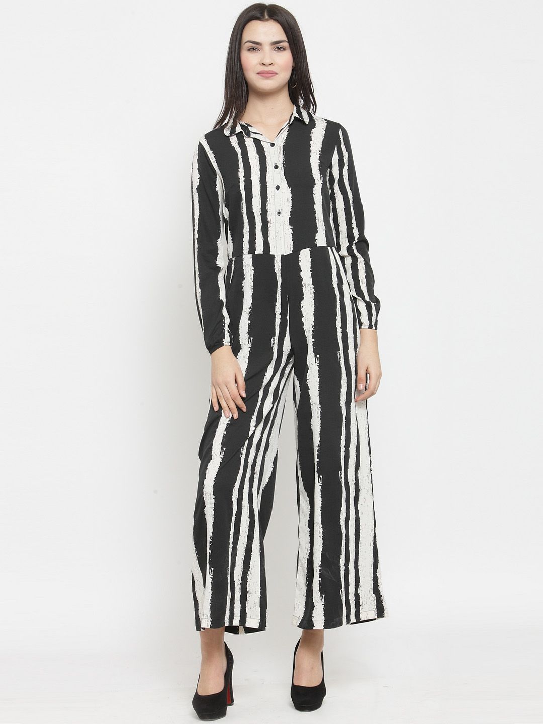 Purple State Black & Off-White Striped Basic Jumpsuit Price in India