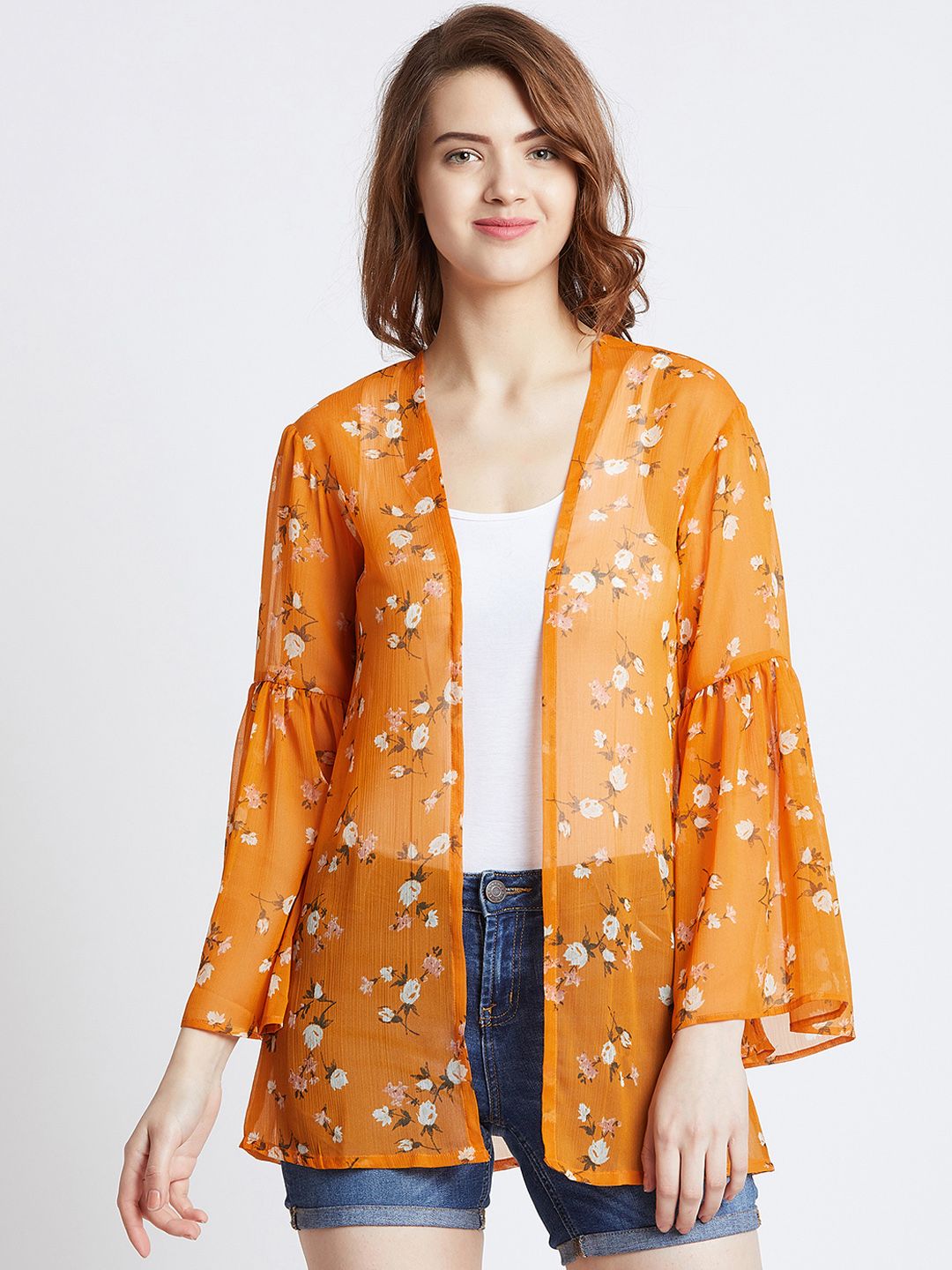 MAGRE Mustard Yellow Floral Printed Open Front Shrug Price in India