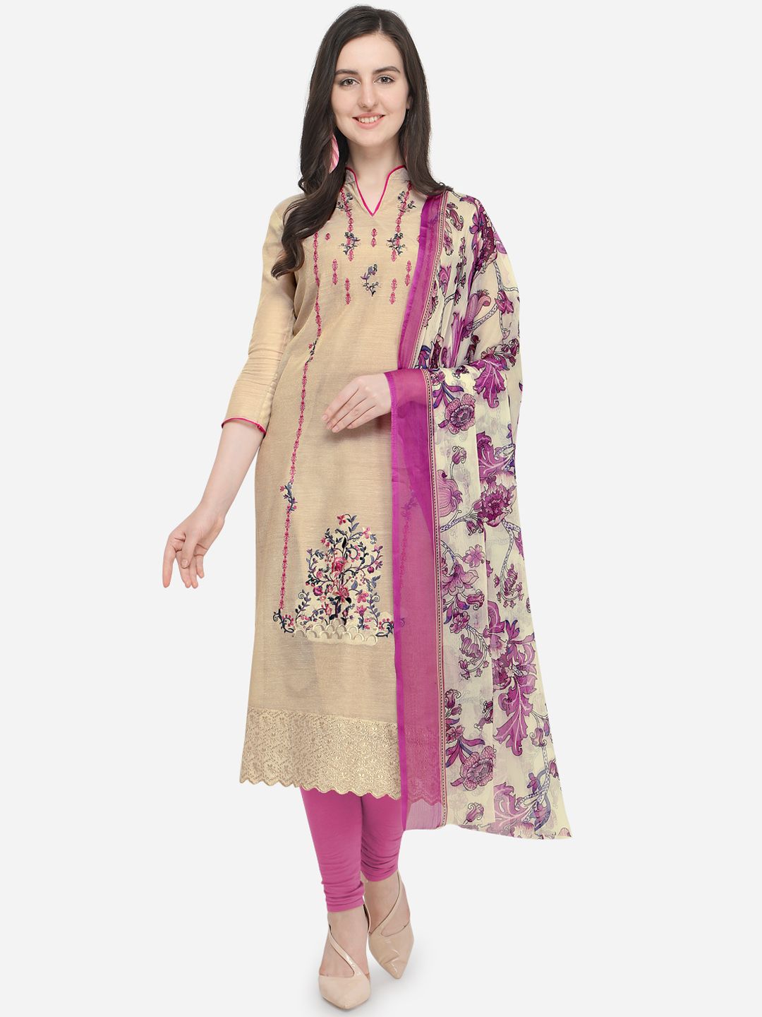 Rajnandini Beige & Pink Silk Blend Unstitched Dress Material Price in India